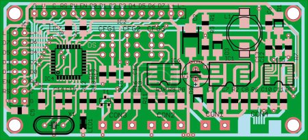 Vektor-Leiterplatte eines elektronischen Gerätes mit darauf platzierten Komponenten aus Funkelementen, Leitern und Kontaktpolstern. Technische Zeichnung.