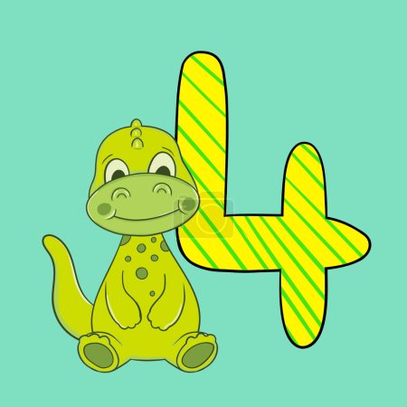 Cute Happy Baby Dinosaur with Number, Vector Illustration