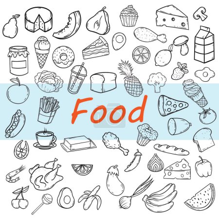 Illustration for Set of food, drinks doodles, icons, vector line art - Royalty Free Image