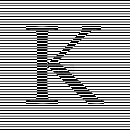 Schwarz-weiße Illustration abstrakte horizontale Linien mit Buchstabe K Form innerhalb von Geschwindigkeitslinien in Pfeilform. Geometrische Kunst. Trendiges Designelement für Logo, Tätowierung, Webseiten, Drucke, Poster