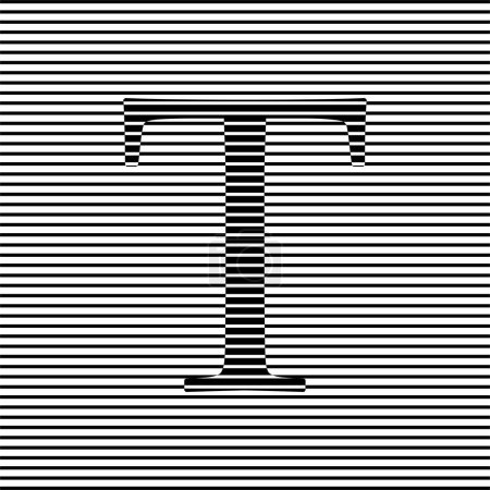 Schwarz-weiße Illustration abstrakte horizontale Linien mit Buchstabe T-Form innerhalb von Geschwindigkeitslinien in Pfeilform. Geometrische Kunst. Trendiges Designelement für Logo, Tätowierung, Webseiten, Drucke, Poster