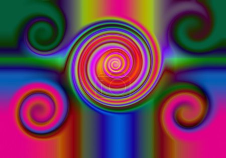 Photo for Abstract painting with 5 spirals in red, yellow, orange, violet green, purple and blue and a cross. LGBTI - Royalty Free Image