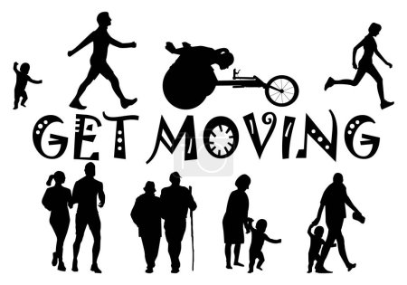 Photo for Get moving. Black silhouettes of people of different ages and conditions doing exercise or sport. Disabled person in corridor chair - Royalty Free Image