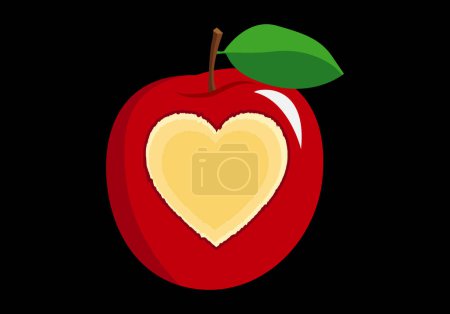 Photo for Red apple with heart shaped bite on black background - Royalty Free Image