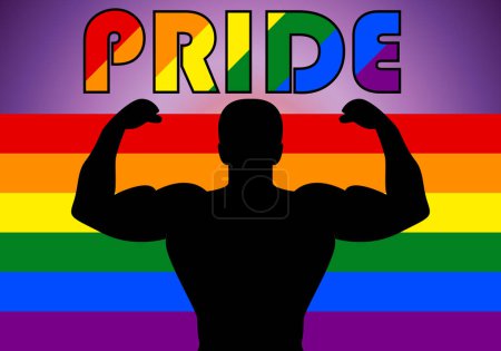 Photo for LGTBIQA+ pride. Silhouette of a muscular person with arms raised and in the background the flag of the LGTBI collective - Royalty Free Image