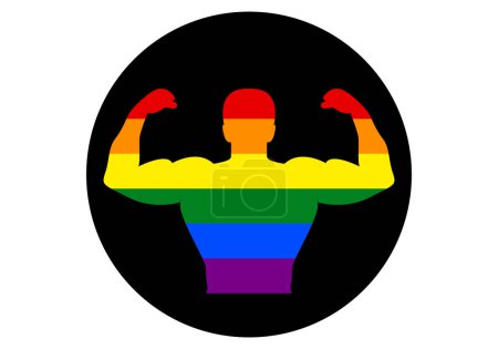 Photo for Pin with the silhouette of a muscular person with the filling of the LGTBI flag on a black circle. pride day - Royalty Free Image