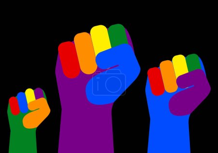 Photo for Fight of the LGTBI collective. Three raised fists with the colors of the LGTBI flag on a black background - Royalty Free Image