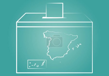 Elections in Spain or Spanish territory. Blank outline of Spain and an electoral ballot box with ballot paper being inserted into the ballot box. Voting in Spain