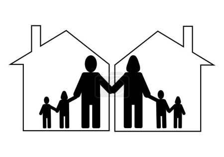Photo for Icon of single-parent families with a new partner but who do not live together, each one lives in their respective houses. - Royalty Free Image