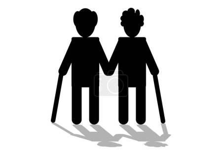 Ilustración de Icono negro de pareja de ancianos con cachaba y con sombra - Imagen libre de derechos