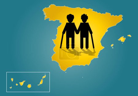 Illustration for Elderly couple with cachaba on the map of Spain. Elderly, retirees, pensioners, senior citizens in Spain - Royalty Free Image