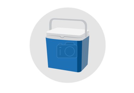 Téléchargez les illustrations : Icône réfrigérateur camping ou ordinateur portable en bleu et blanc sur cercle gris. - en licence libre de droit