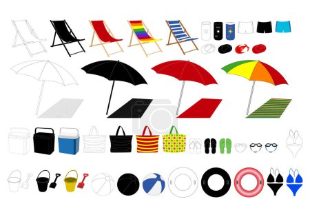 Photo for Sheet of beach vacation icons in black, black and colored stroke. beach items - Royalty Free Image