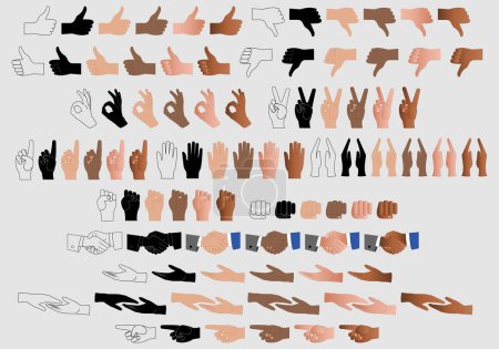 Photo for Sheet of hand gestures icons in black, black, color and gradient stroke with different skin tones - Royalty Free Image