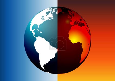 Illustration for Global warming vs global cooling. climate crisis. Cold wave vs heat wave. Freeze vs. drought. burnt planet vs frozen planet - Royalty Free Image