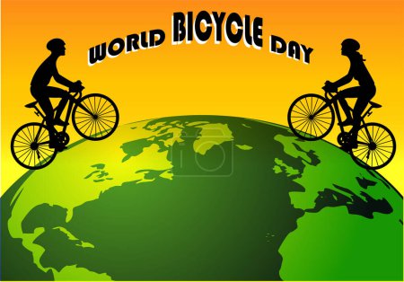 Photo for World bike day, a cyclist and a cyclist pedaling on the planet Earth - Royalty Free Image