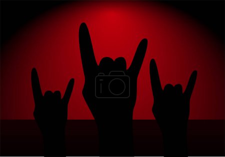 Photo for Rock concert and raised hands with rock symbol on black red gradient background. world rock day - Royalty Free Image