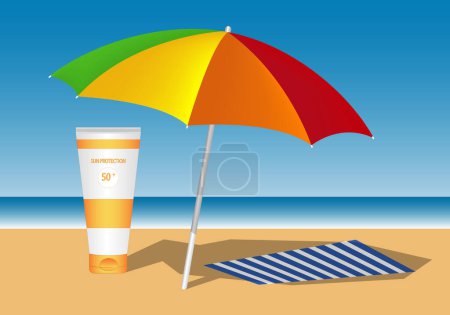 Photo for Sunscreen cream ad featuring a sandy beach landscape, colorful umbrella and blue and white striped towel - Royalty Free Image