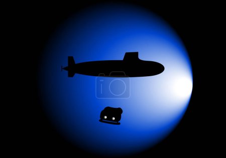 Photo for Black silhouettes of a submarine and a marine drone on a blue spotlight on the dark seabed - Royalty Free Image