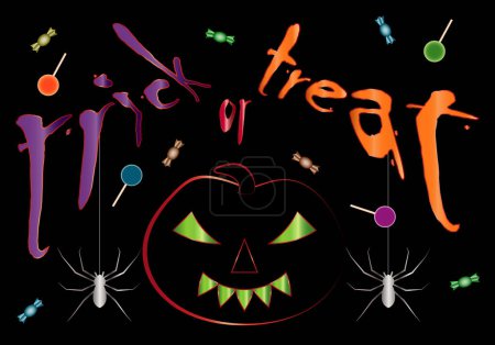 Photo for Halloween background. Trick or Treating. Background with Halloween pumpkin, candies, lollipops and spiders on black background - Royalty Free Image