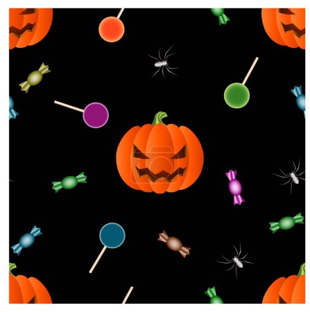 Photo for Halloween pattern with scary pumpkin, lollipops, candies and spiders on black backgroun - Royalty Free Image