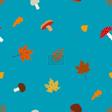 Photo for Autumn pattern. Pattern with leaves, mushrooms, chestnuts and autumn mushrooms in color on blue background - Royalty Free Image