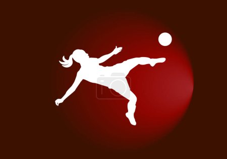 Ilustración de Jugadora de fútbol femenina pateando la pelota sobre fondo rojo degradado - Imagen libre de derechos
