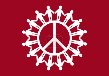Internationaler Tag der Toleranz Menschen im Kreis über leerem Friedenssymbol auf rotem Hintergrund. Menschen vereint für den Frieden