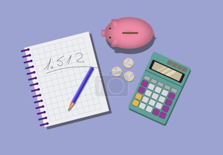 Photo for Desk with pig piggy bank, coins, calculator, pencil and notebook with a figure written on it. Financial education. Domestic savings. Make accounts - Royalty Free Image