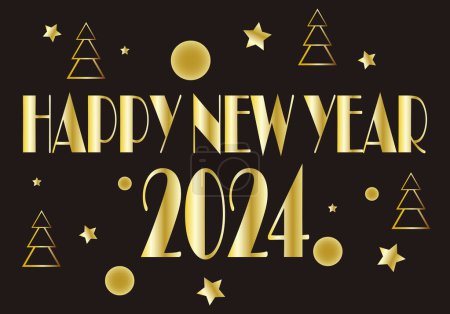 Photo for Happy New Year 2024 in golden text and golden garlands, stars and Christmas tree on black background. Christmas greeting - Royalty Free Image