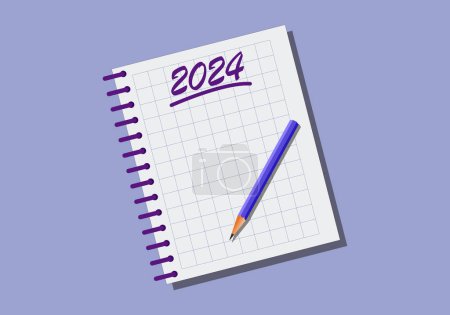 Ilustración de Resoluciones para 2024. Cuaderno de cuadrícula con el año 2024 escrito como el título y un lápiz para escribir las resoluciones del año nuevo - Imagen libre de derechos