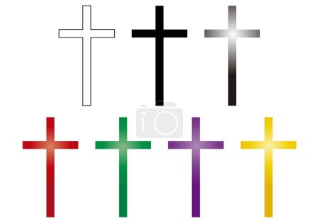 Photo for Icon sheet of 7 Latin crosses in white, black, black and white gradient, red, green, purple and gold. Easter week. Christianity - Royalty Free Image