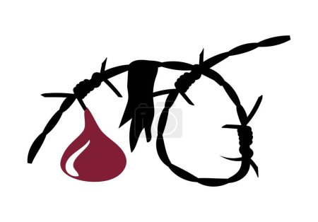 Drop of blood dripping from a circular barbed wire fence. Refugee or prisoner or concentration camp