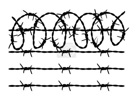 Refugiado o prisionero o campo de concentración. Cerca de alambre negro sobre fondo blanco.