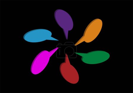 Photo for Conversation, discussion, dispute or debate between 6 people. Meeting of 6 people with different opinions. 6 graphic speech bubbles of different colors and forming a circle as a group conversation - Royalty Free Image