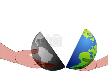 World Environment Day. Polluted land vs healthy land held by a father or mother and a son or daughter. Sick Earth vs Healthy Earth. open land