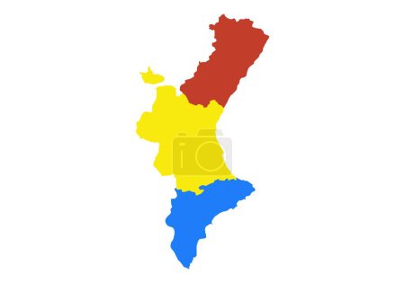 Silhouette de la carte de la Communauté Valencienne en 3 couleurs, respectivement rouge, jaune et bleu, Castelln, Valence et Alicante