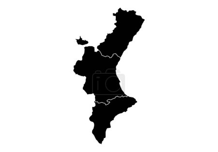 Silhouette de la carte de la Communauté Valencienne en noir : Castelln, Valencia et Alicante
