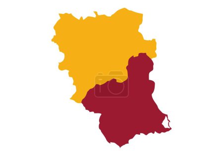 Mapa de la Región de Murcia, Albacete en amarillo mostaza y Murcia en rojo carmesí