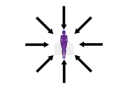 Illustration for Icon of a purple woman silhouette with 8 arrows in a circle pointing at her. Professional opportunities, Accusation. Feminine responsibilities - Royalty Free Image