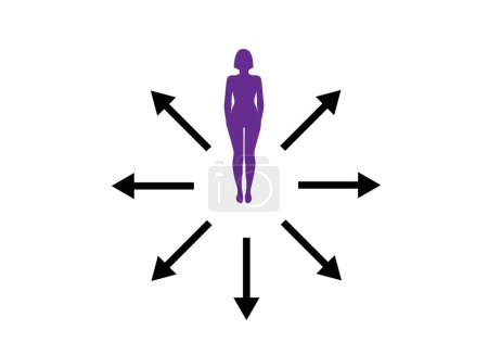Illustration for Icon of professional opportunities for women. Woman silhouette surrounded by 7 violet arrows pointing outwards - Royalty Free Image