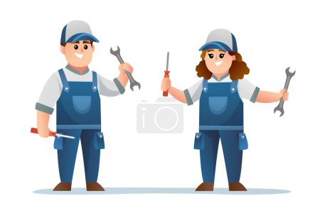 Illustration for Cute boy and girl technician character holding spanner and screwdriver vector cartoon - Royalty Free Image