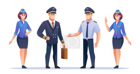 Illustration for Pilot and flight attendant character set. Friendly pilot and stewardess vector illustration - Royalty Free Image