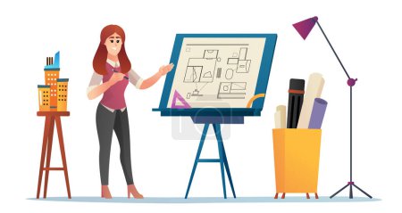 Illustration for Female architect presenting project concept cartoon illustration. Woman engineer standing near drawing board explaining project. draft, and building - Royalty Free Image