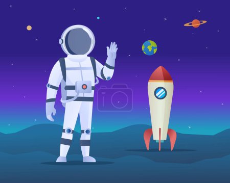 Téléchargez les illustrations : Astronaute avec fusée sur une planète illustration d'aventure spatiale - en licence libre de droit