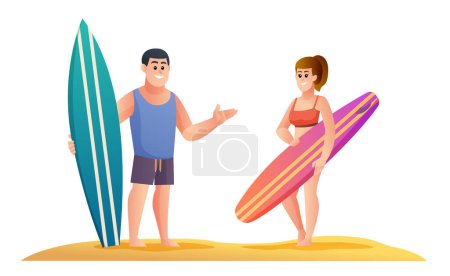 Illustration for Man and woman surfer characters. Couple surfer on summer vacation concept - Royalty Free Image