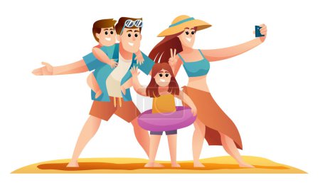 Téléchargez les illustrations : La famille prend selfie pendant les vacances d'été illustration de concept. Bonne famille profiter des vacances sur la plage personnages ensemble - en licence libre de droit