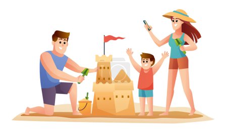 Ilustración de Padres de familia e hijo haciendo ilustración de dibujos animados castillo de arena. Familia en vacaciones de verano concepto ilustración - Imagen libre de derechos
