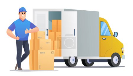 Ilustración de Mensajero traer paquetes con entrega camión concepto vector ilustración - Imagen libre de derechos