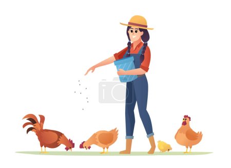 Illustration of a female farmer feeding chickens